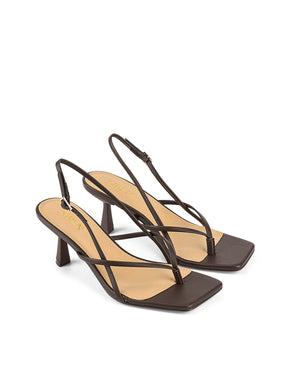 Women's chocolate brown leather thong kitten heel with square toe