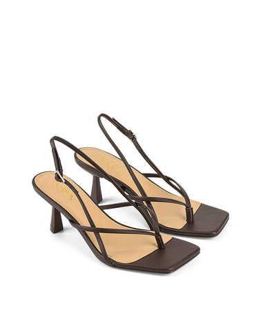Women's chocolate brown leather thong kitten heel with square toe