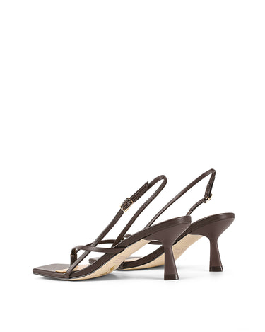 Women's chocolate brown leather thong kitten heel with square toe