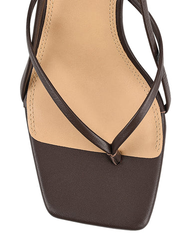 Women's chocolate brown leather thong kitten heel with square toe