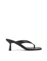 Women's heeled thong sandal with modern square toe, flared kitten heel finished in black leather