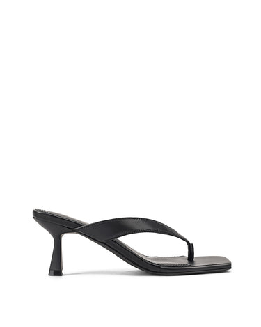 Women's heeled thong sandal with modern square toe, flared kitten heel finished in black leather