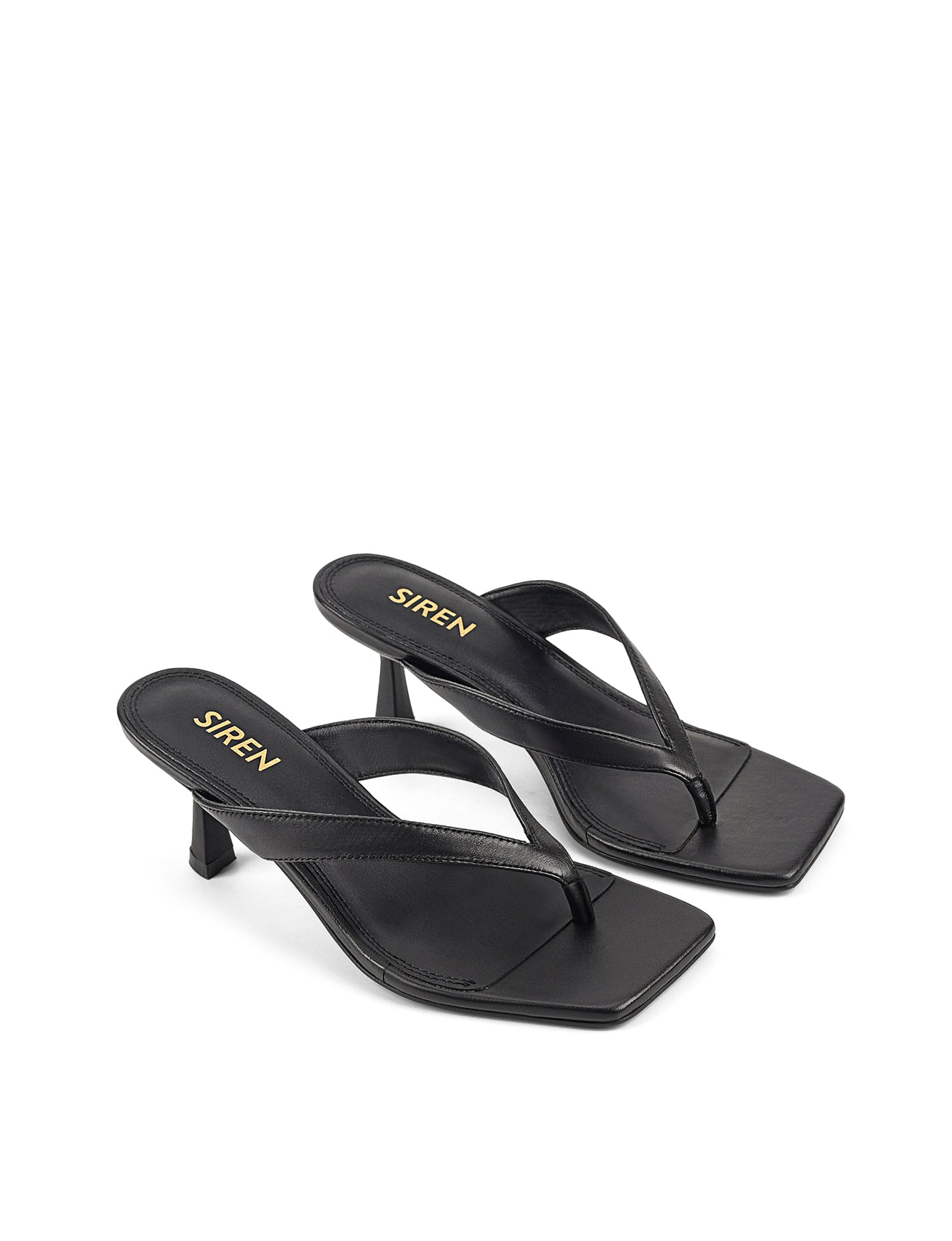 Women's heeled thong sandal with modern square toe, flared kitten heel finished in black leather