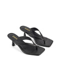 Women's heeled thong sandal with modern square toe, flared kitten heel finished in black leather