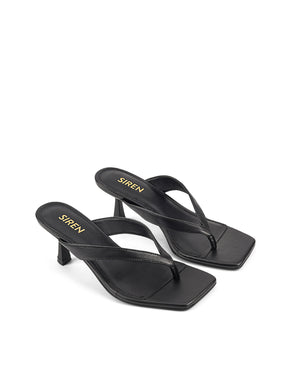 Women's heeled thong sandal with modern square toe, flared kitten heel finished in black leather