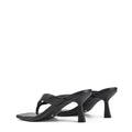 Women's heeled thong sandal with modern square toe, flared kitten heel finished in black leather