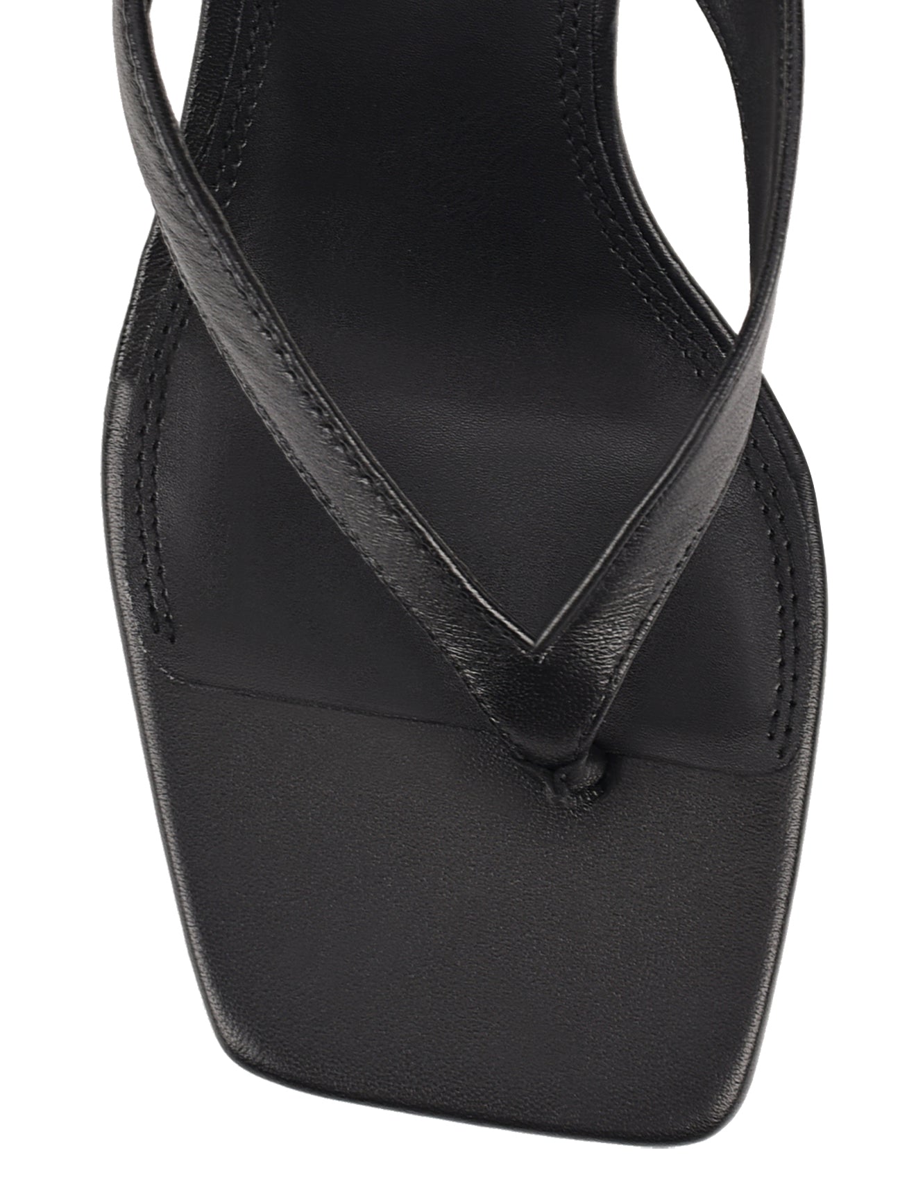 Women's heeled thong sandal with modern square toe, flared kitten heel finished in black leather