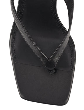 Women's heeled thong sandal with modern square toe, flared kitten heel finished in black leather