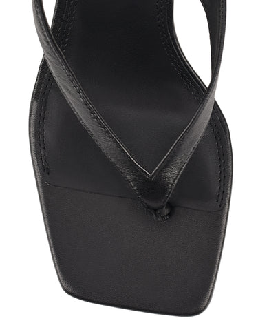 Women's heeled thong sandal with modern square toe, flared kitten heel finished in black leather