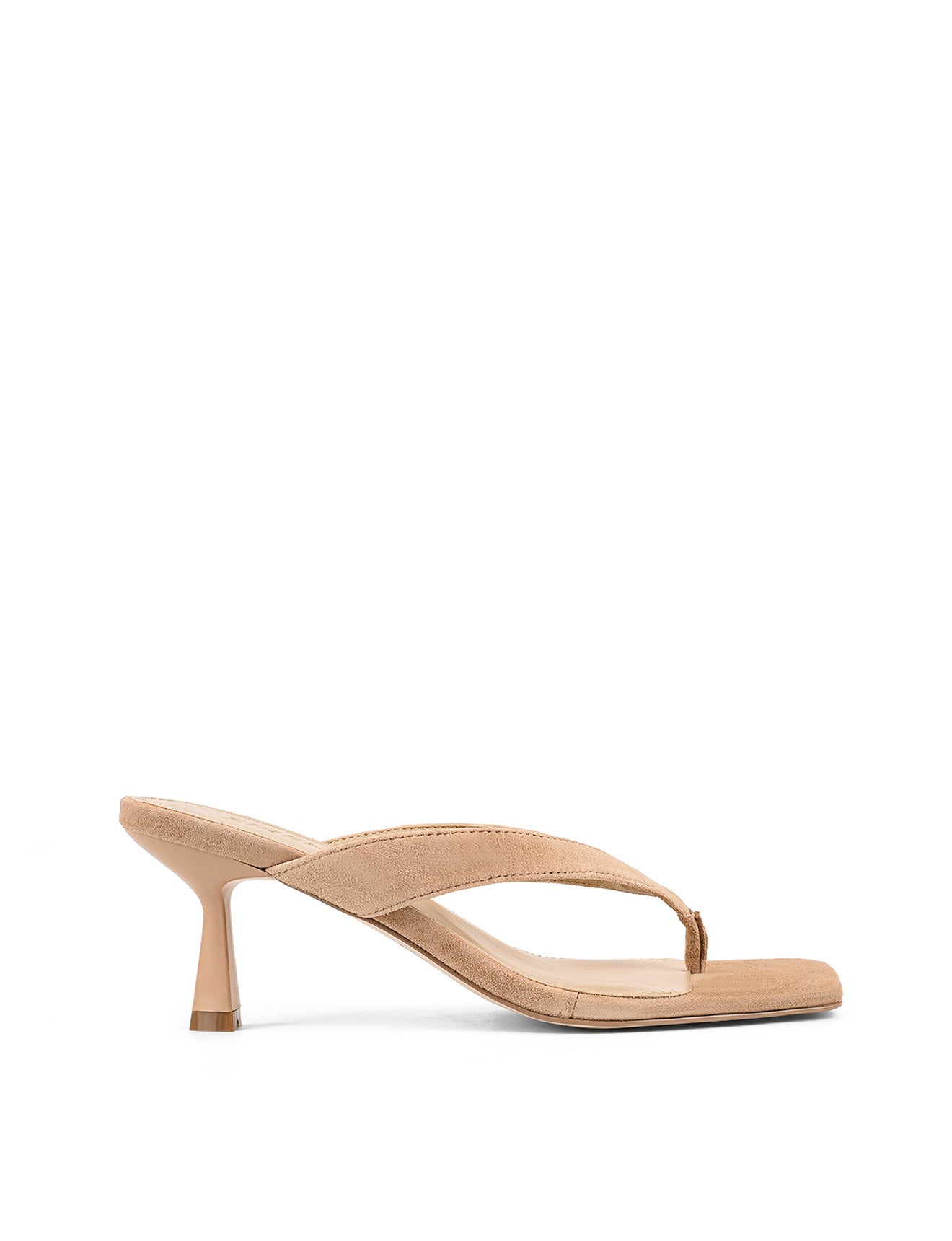 Women's heeled thong sandal with modern square toe, flared kitten heel finished in camel tan suede