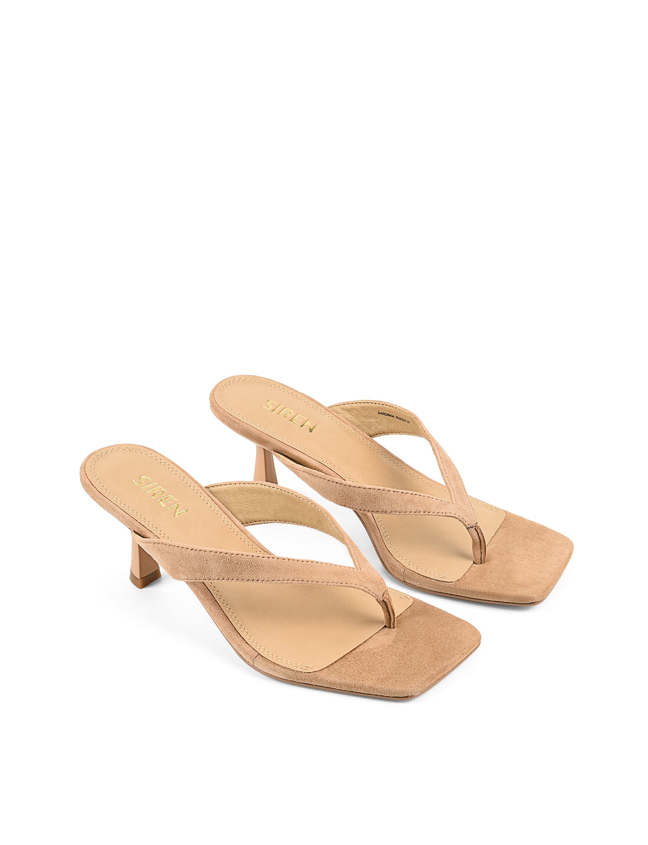 Women's heeled thong sandal with modern square toe, flared kitten heel finished in camel tan suede