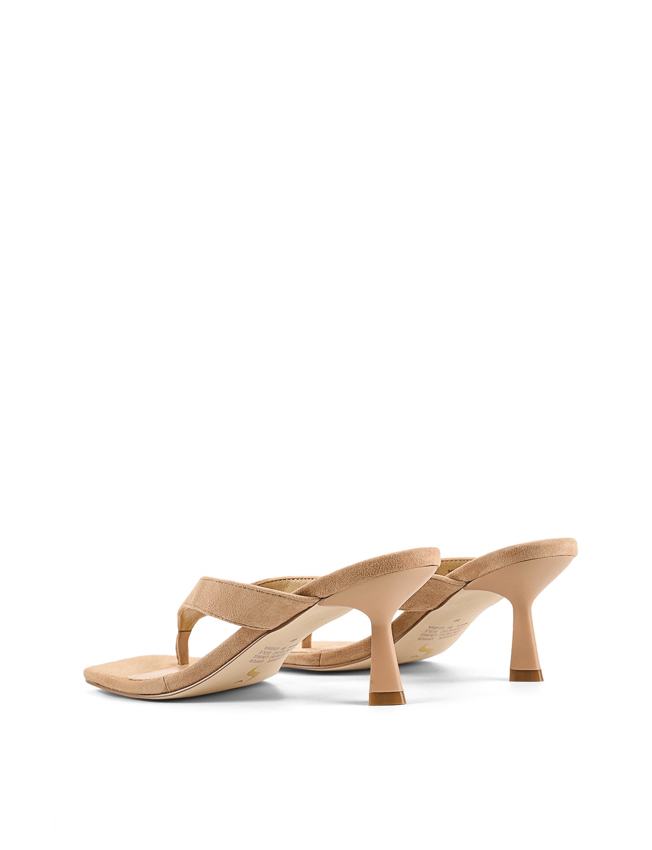 Women's heeled thong sandal with modern square toe, flared kitten heel finished in camel tan suede