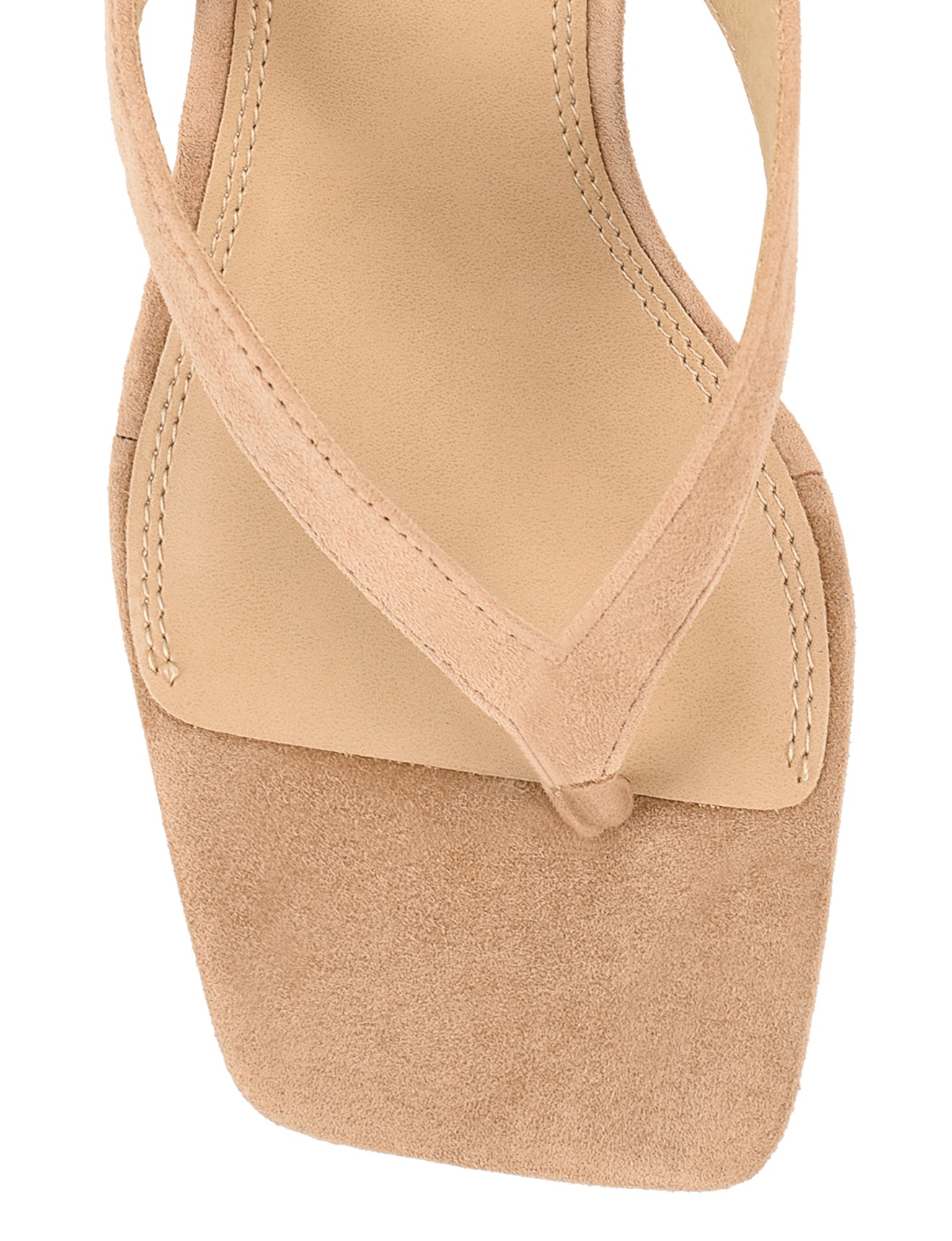 Women's heeled thong sandal with modern square toe, flared kitten heel finished in camel tan suede