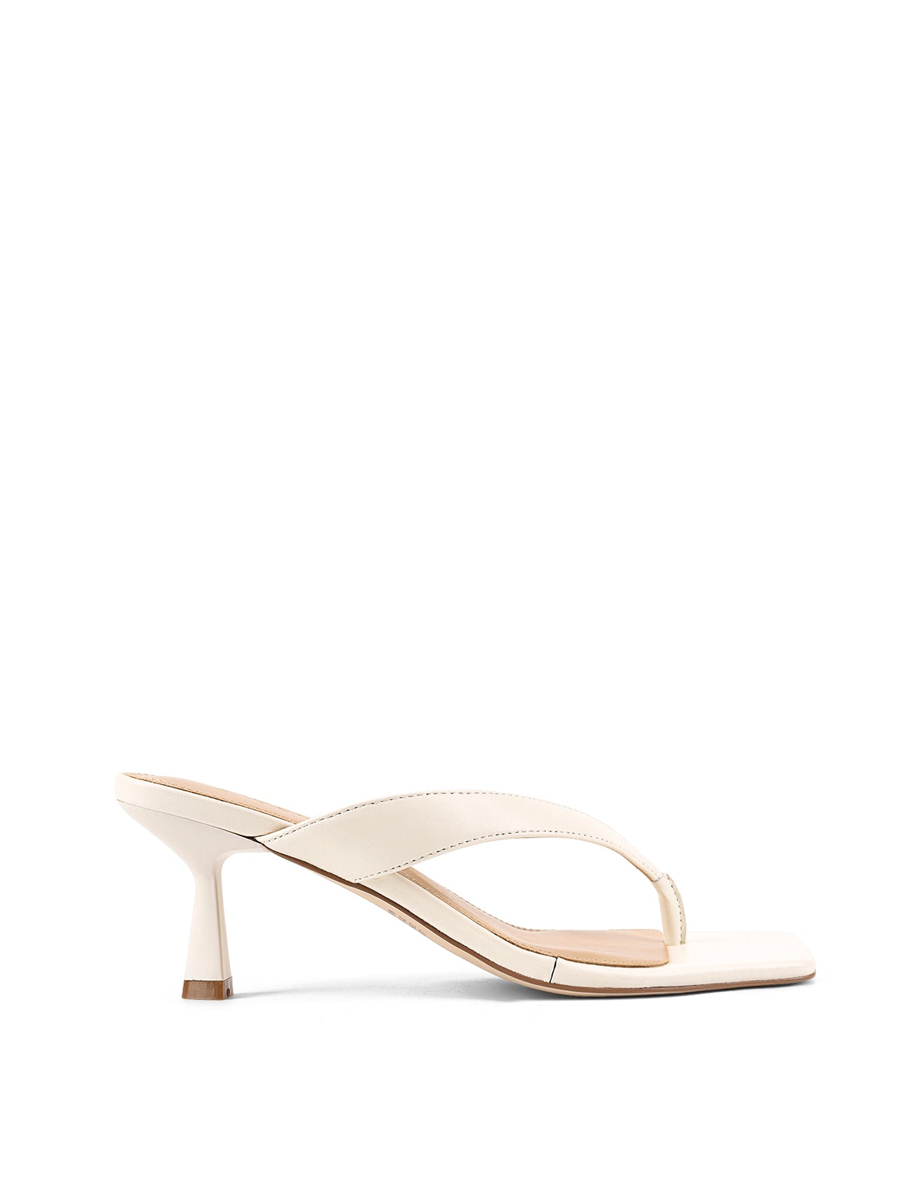 Women's chalk white leather thong heeled sandal mule with square toe 
