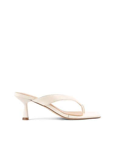 Women's chalk white leather thong heeled sandal mule with square toe 