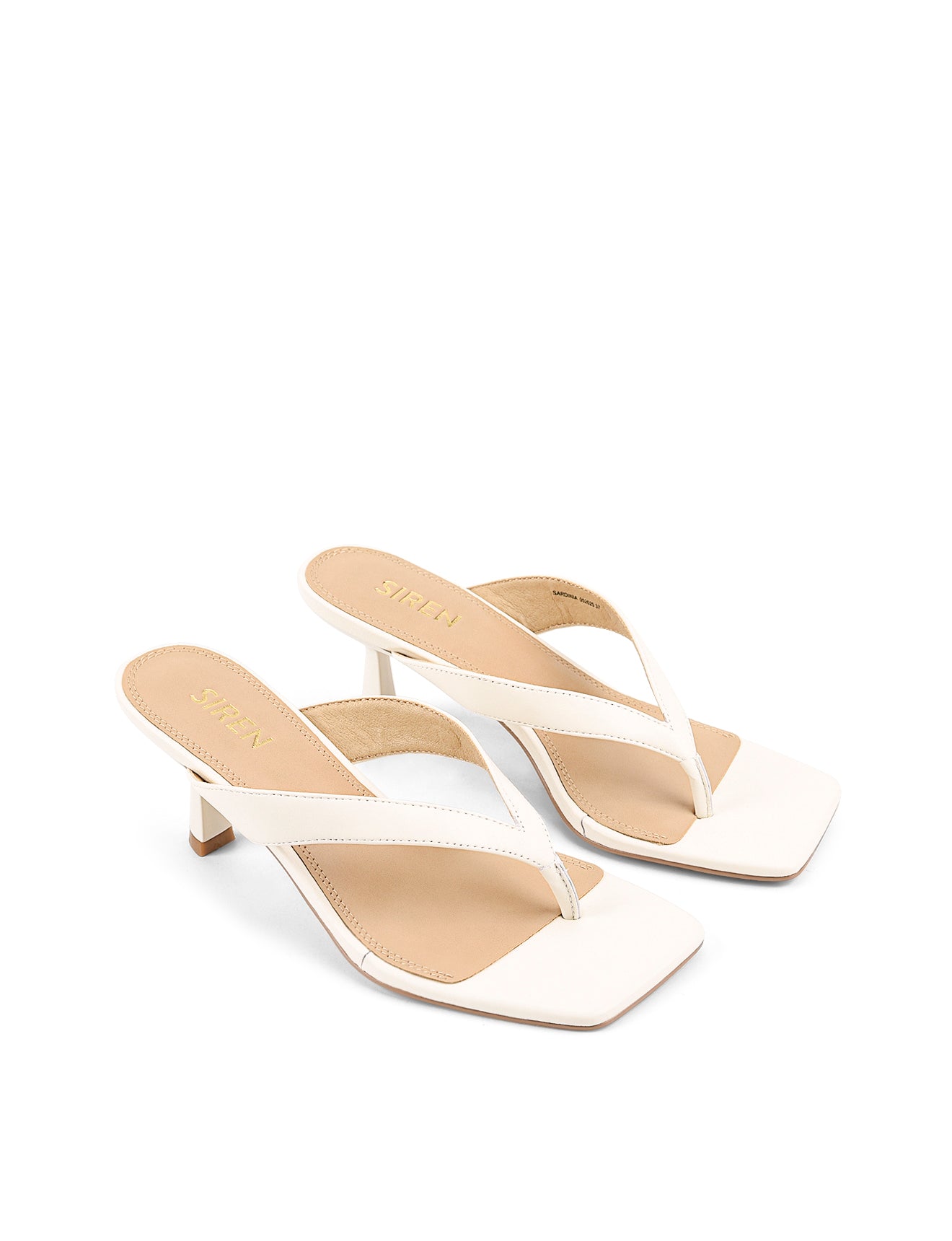 Women's chalk white leather thong heeled sandal mule with square toe 