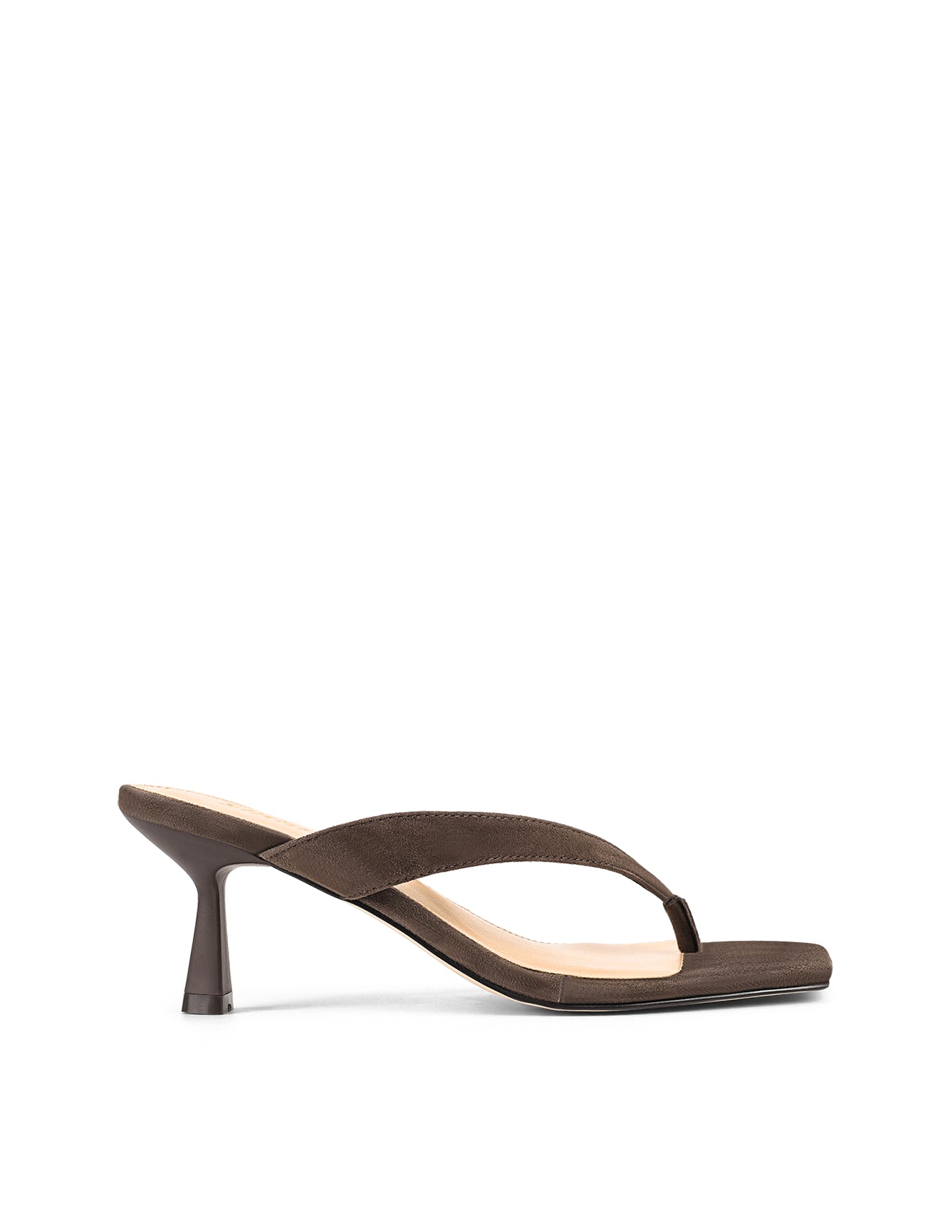 Women's thong heeled sandal mule with square toe in chocolate brown suede leather