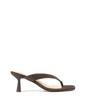 Women's thong heeled sandal mule with square toe in chocolate brown suede leather