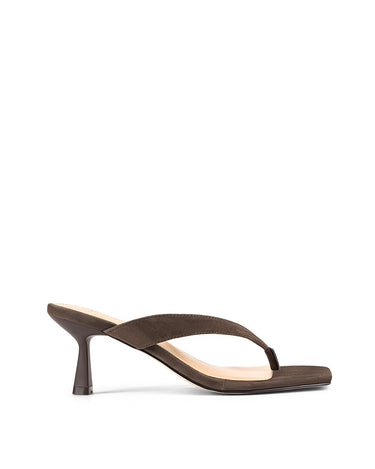 Women's thong heeled sandal mule with square toe in chocolate brown suede leather