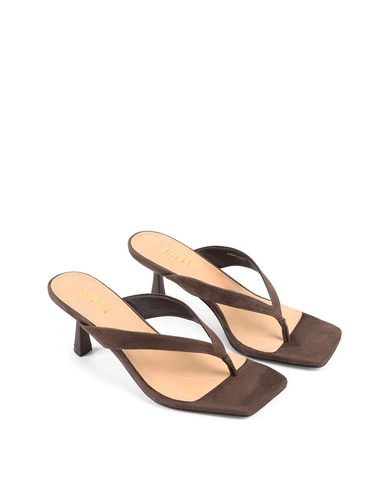 Women's thong heeled sandal mule with square toe in chocolate brown suede leather