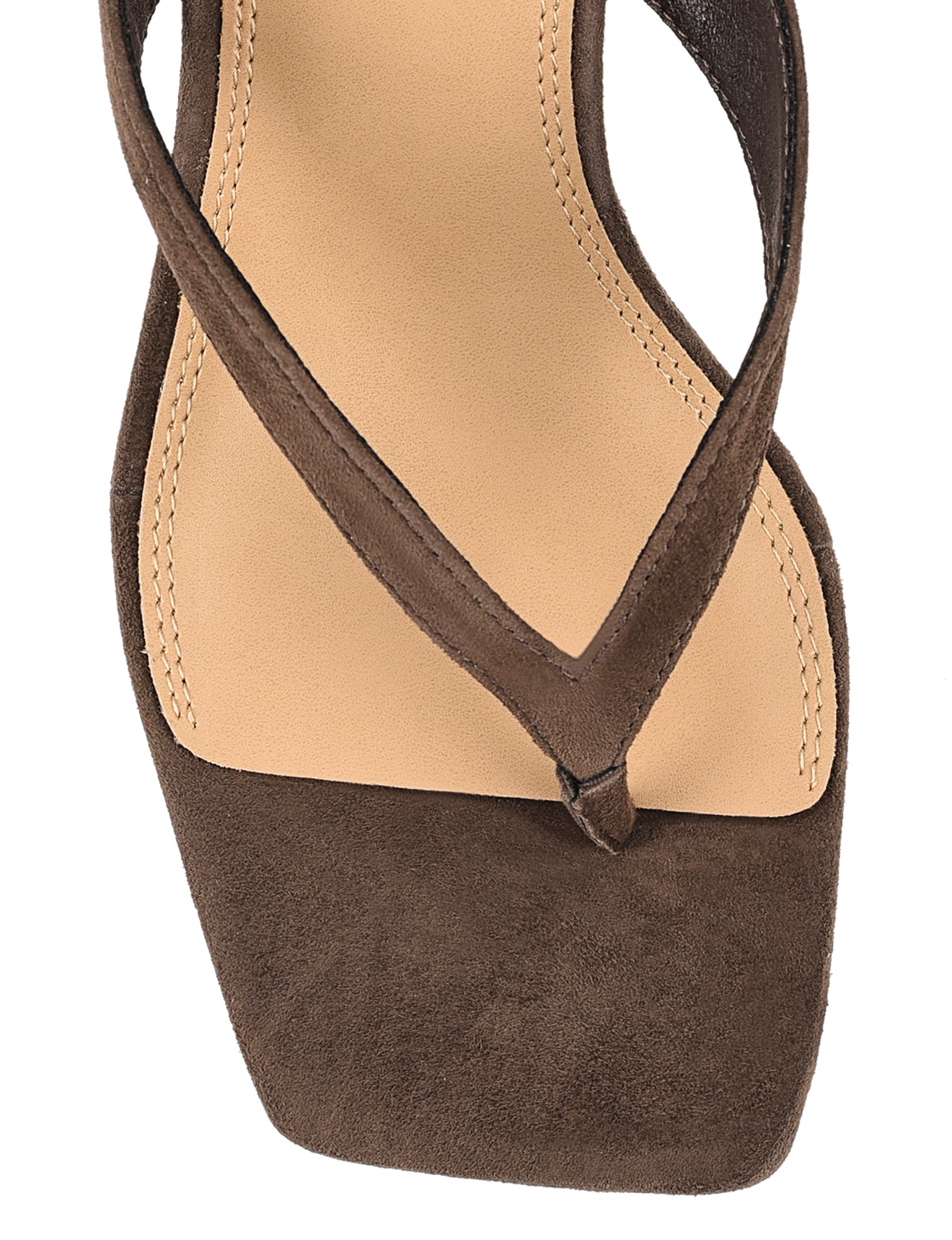 Women's thong heeled sandal mule with square toe in chocolate brown suede leather