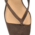 Women's thong heeled sandal mule with square toe in chocolate brown suede leather