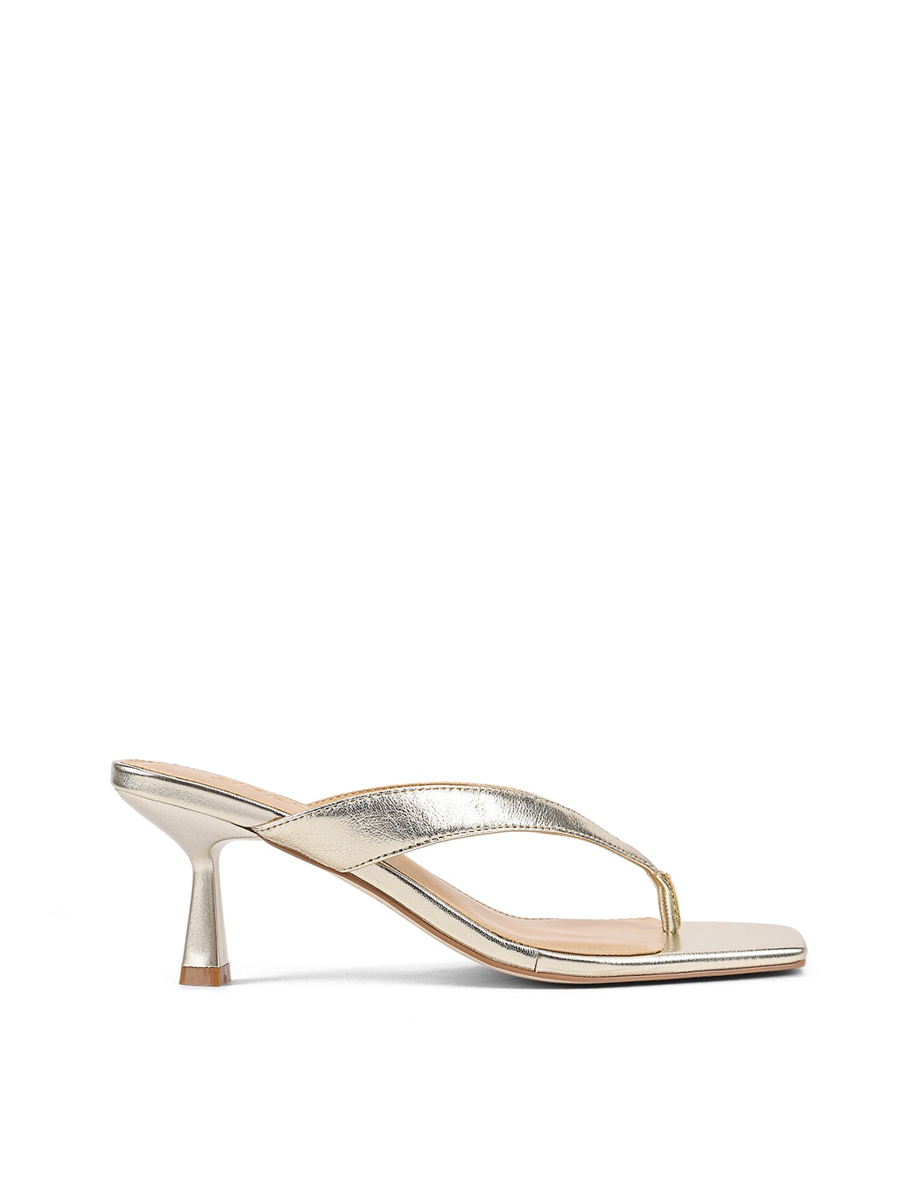 Women's thong heeled sandal mule with square toe in metallic gold leather