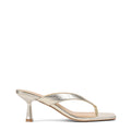 Women's thong heeled sandal mule with square toe in metallic gold leather