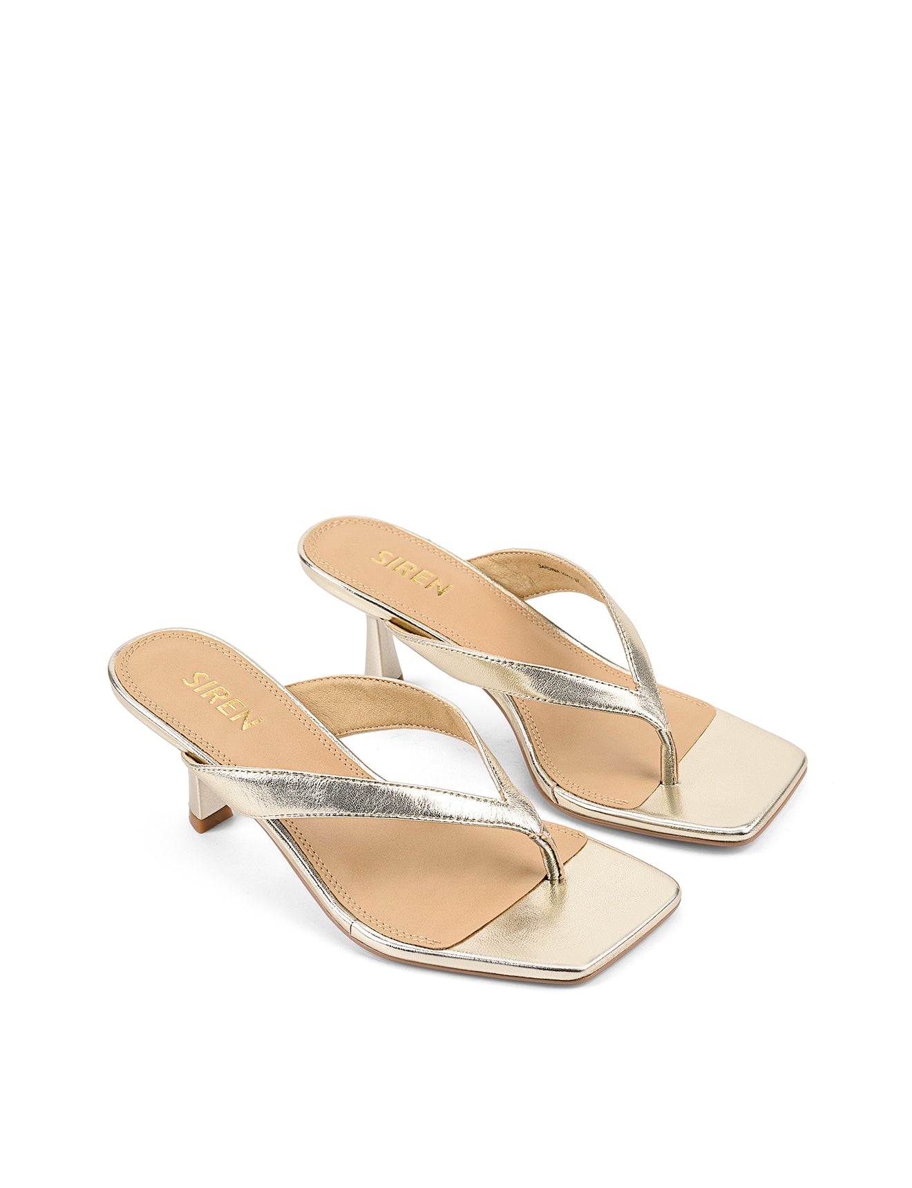 Women's thong heeled sandal mule with square toe in metallic gold leather