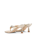 Women's thong heeled sandal mule with square toe in metallic gold leather
