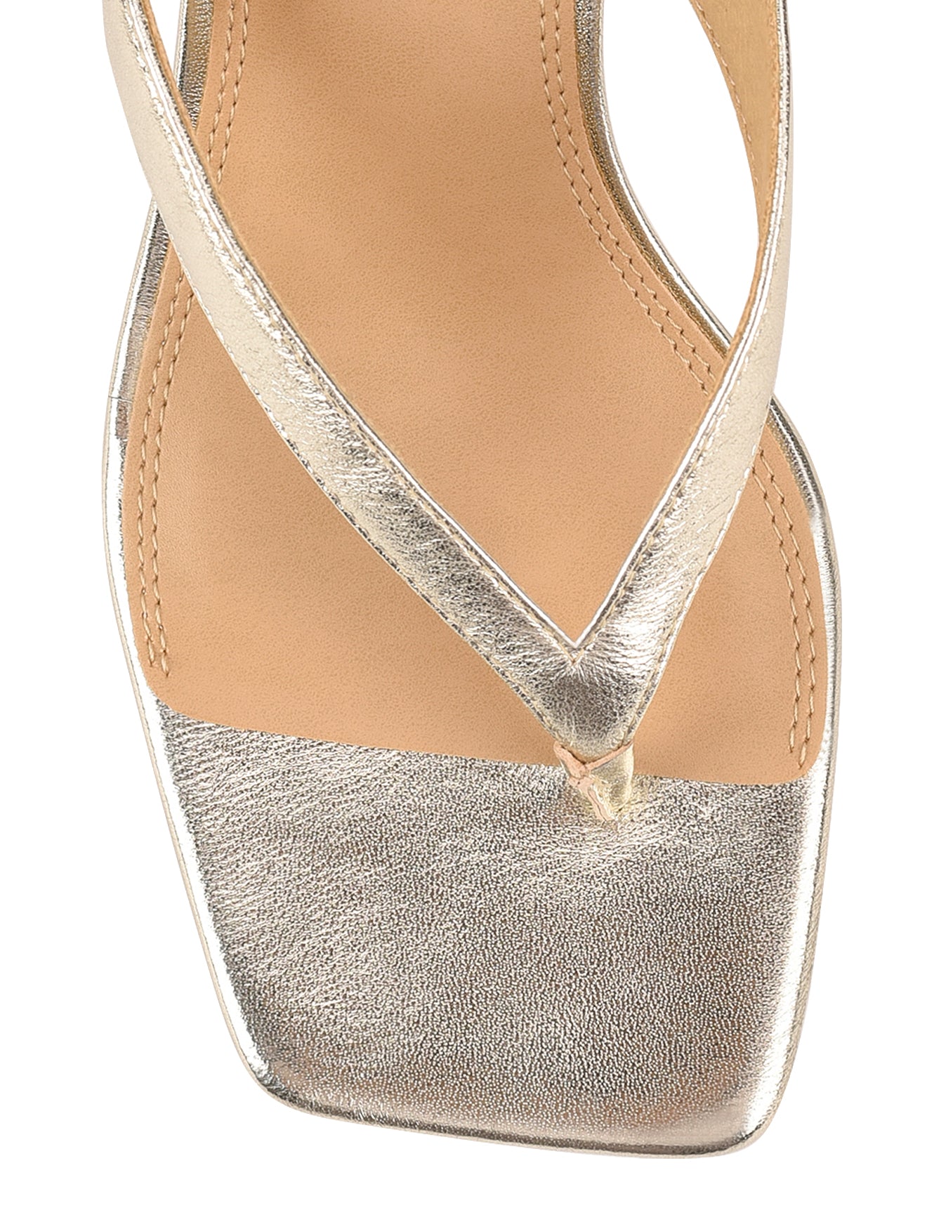 Women's thong heeled sandal mule with square toe in metallic gold leather