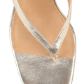 Women's thong heeled sandal mule with square toe in metallic gold leather