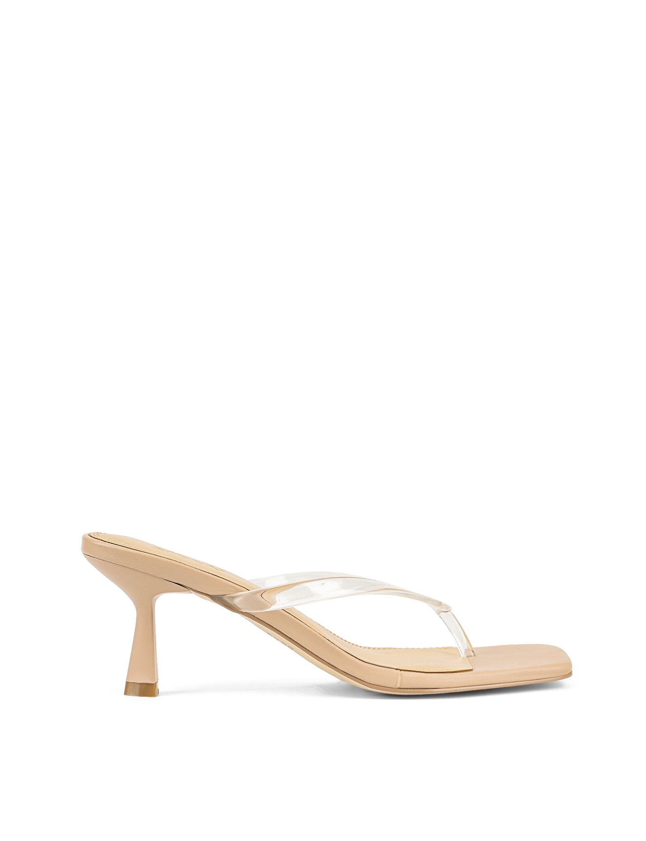 Women's heeled thong sandal with vinylite upper