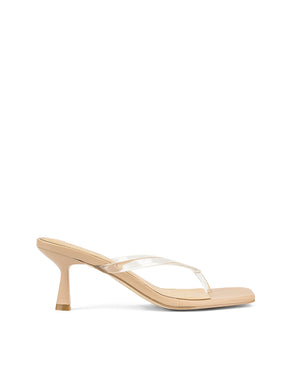 Women's heeled thong sandal with vinylite upper