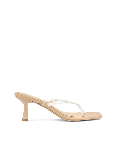 Women's heeled thong sandal with vinylite upper