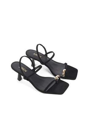 Strappy black sandal with a high heel and gold toe post