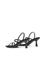 Strappy black sandal with a high heel and gold toe post