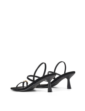 Strappy black sandal with a high heel and gold toe post