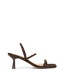 Strappy brown suede sandal with a high heel and gold toe post