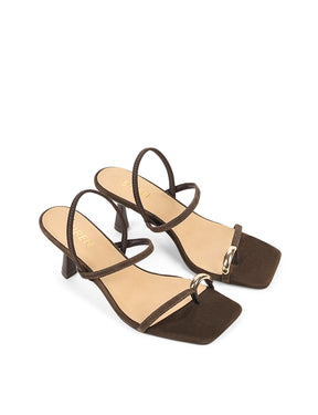 Strappy brown suede sandal with a high heel and gold toe post