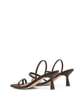 Strappy brown suede sandal with a high heel and gold toe post