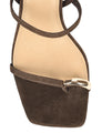 Strappy brown suede sandal with a high heel and gold toe post