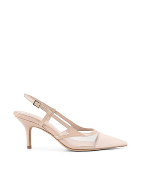 Womens slingback pointed toe high heels in nude patent leather with mesh details