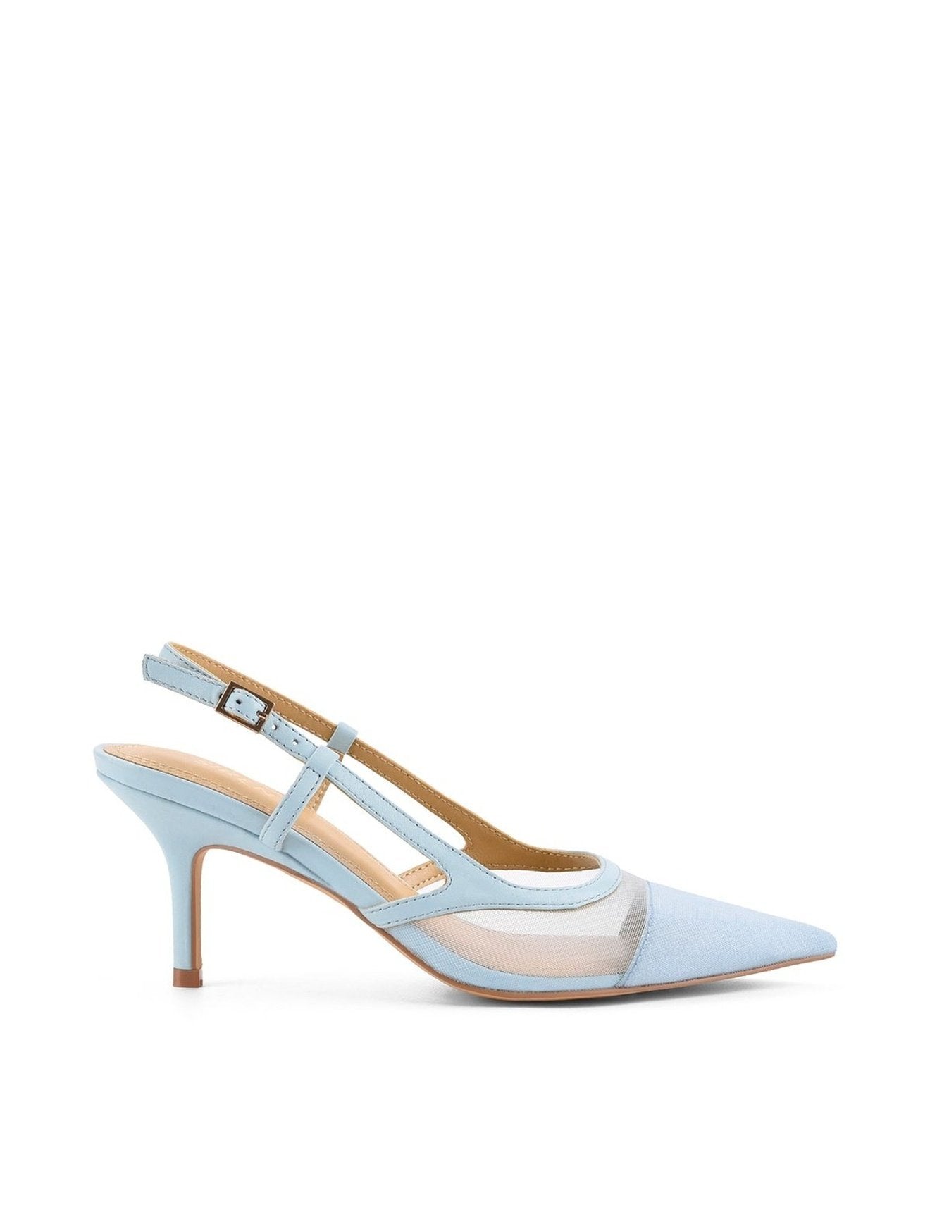 Pale blue leather slingback pointed toe pumps with mesh detailing and adjustable buckle fastening