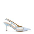 Pale blue leather slingback pointed toe pumps with mesh detailing and adjustable buckle fastening