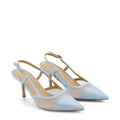 Pale blue leather slingback pointed toe pumps with mesh detailing and adjustable buckle fastening