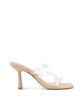 Women's nude beige leather strappy mule with stiletto heel and clear vinylite upper