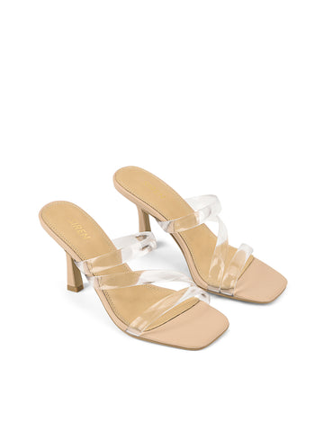 Women's nude beige leather strappy mule with stiletto heel and clear vinylite upper
