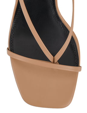 Women's tan leather strappy thong heels with stiletto heel