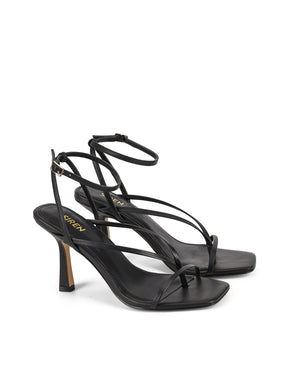 Women's black leather strappy thong heels with stiletto heel